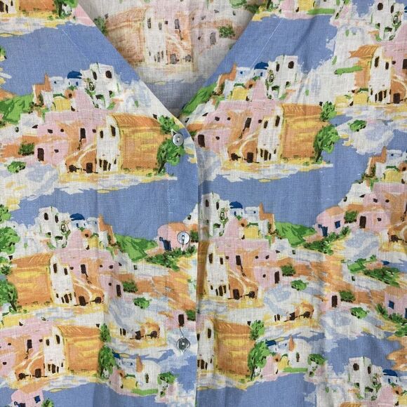 Cynthia Rowley Top Size Medium Linen Greek Island Print Short Sleeve Button Back - Picture 4 of 9